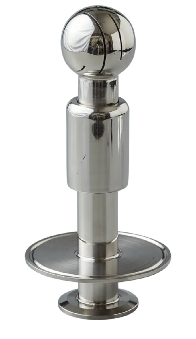 Stainless steel internal tank-cleaning device with a spherical head and circular base.