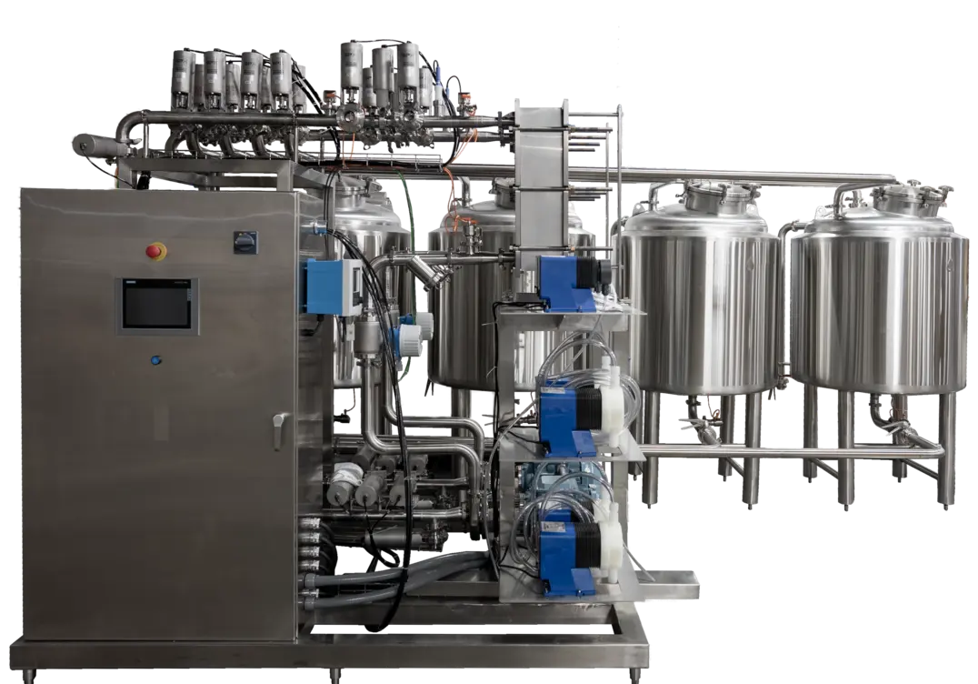 CIP system with stainless steel tanks, pumps, and control panel for cleaning media supply.