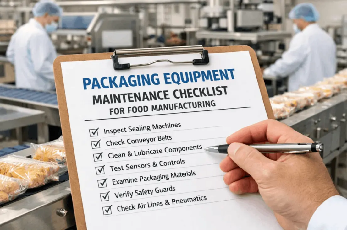 Clipboard with a maintenance checklist for food packaging equipment in a factory setting.