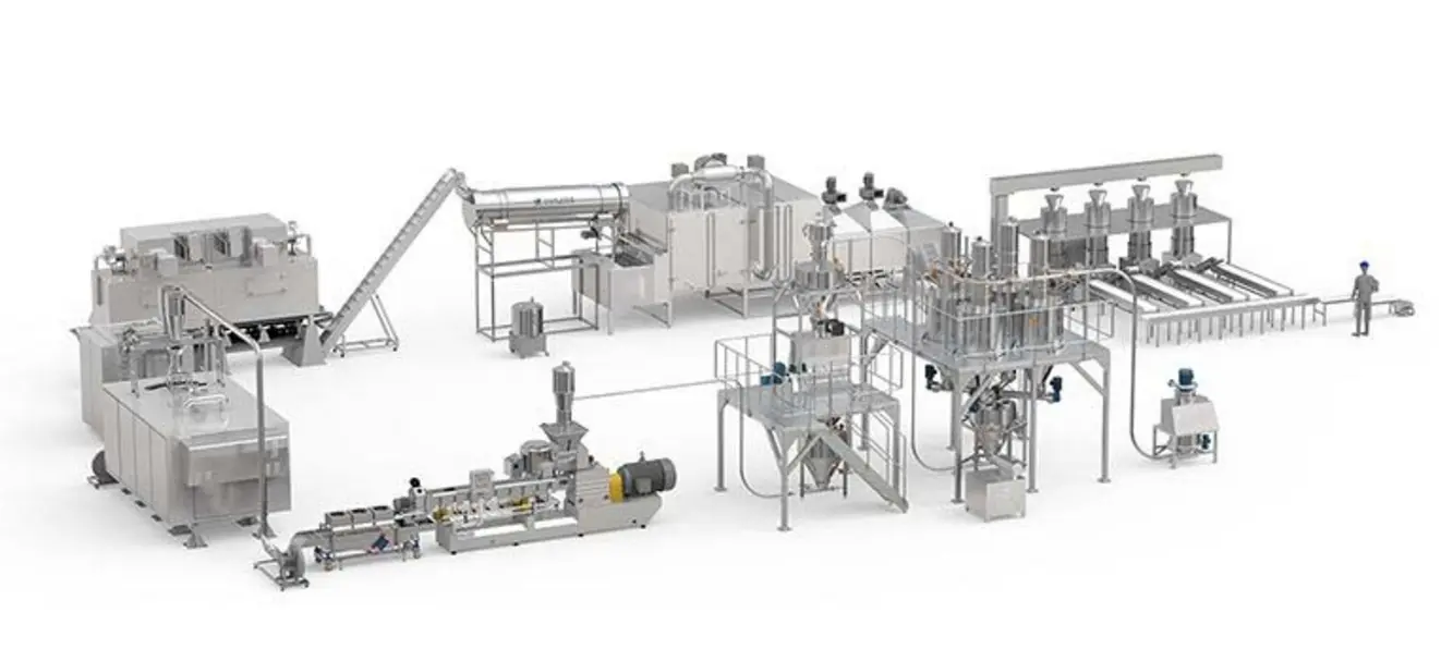 Industrial food processing equipment setup with various machinery and conveyor systems.