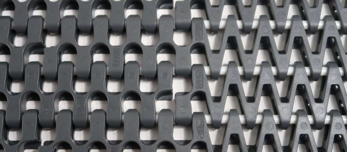 Examples of modular plastic, smooth polyurethane, and wire mesh food conveyor belts