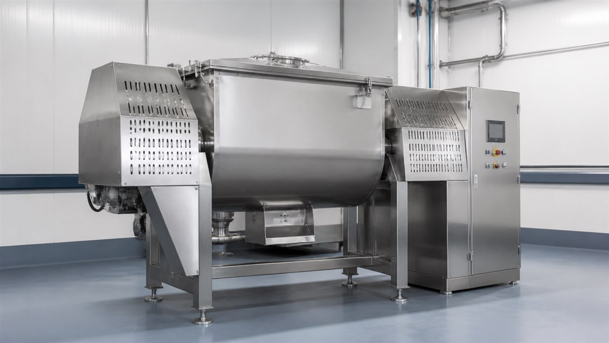 Stainless steel industrial food mixing equipment in a clean processing facility
