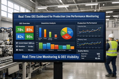 Packaging line operator viewing production status and downtime information on an industrial control screen.